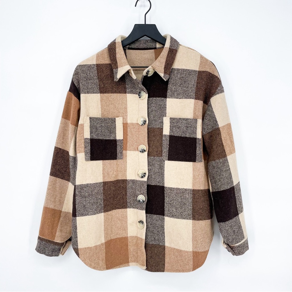 Neutral Plaid Button Down Shacket Medium